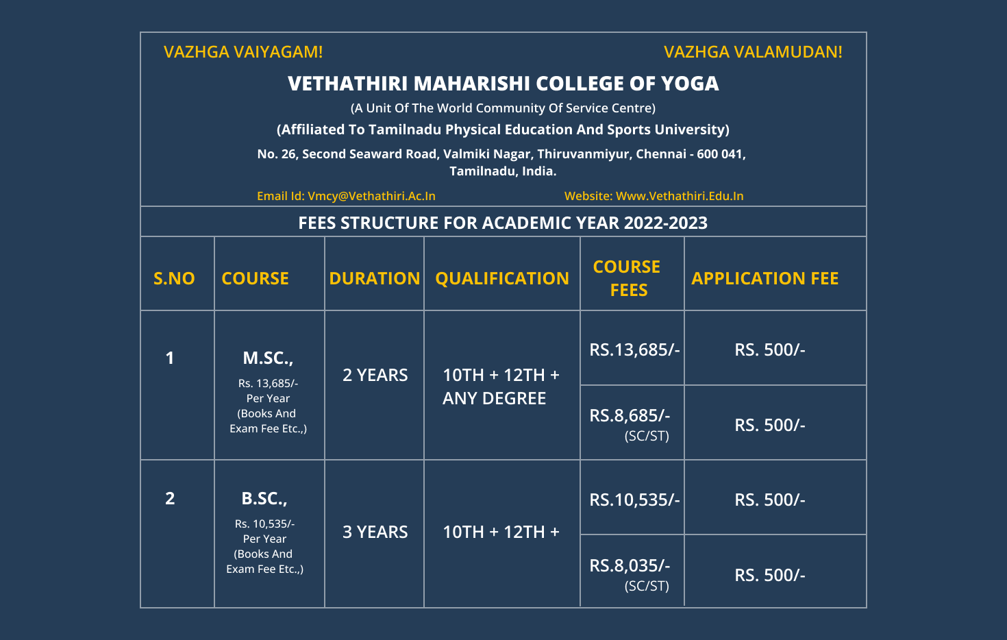 FEES STRUCTURE FOR ACADEMIC YEAR 2022-2023